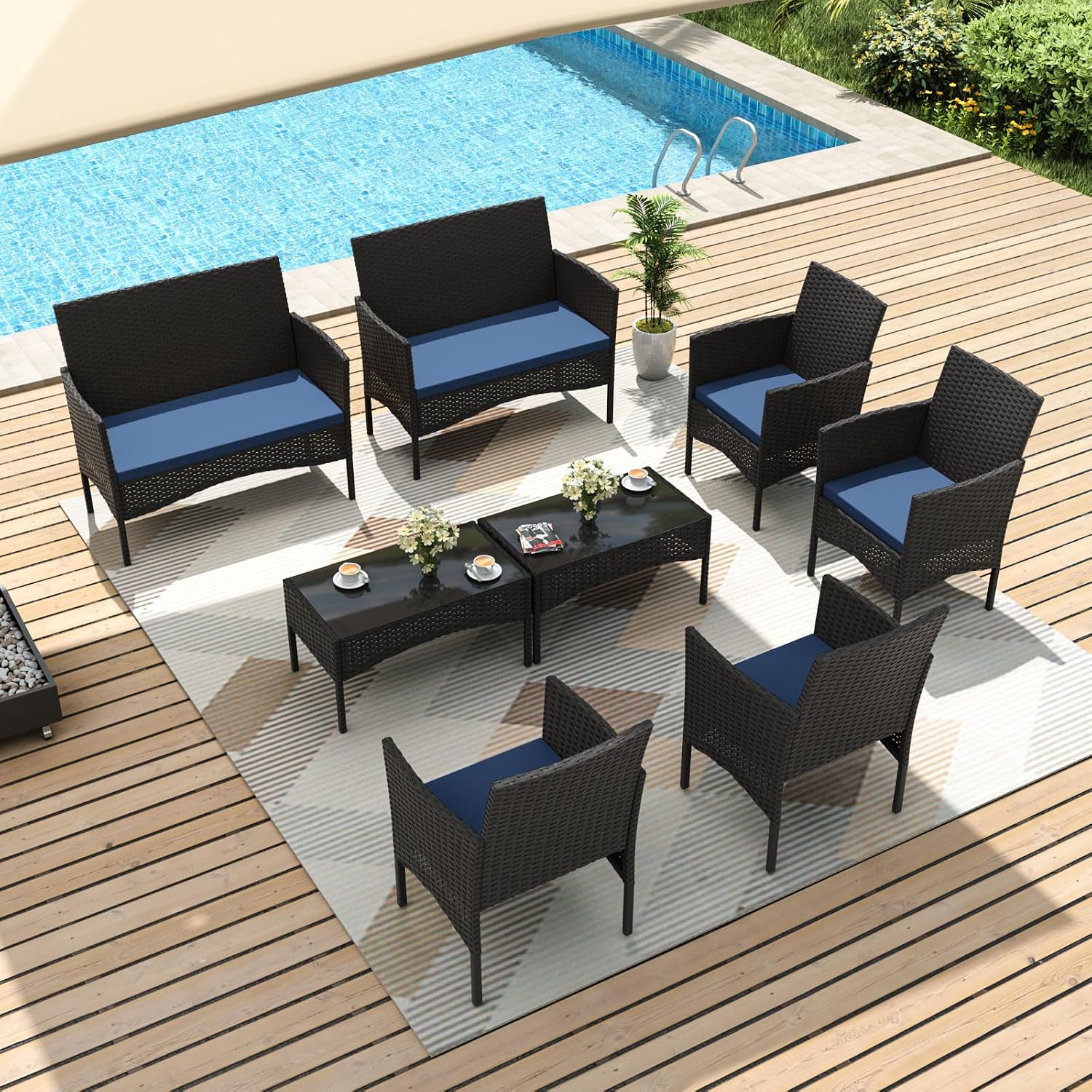Outdoor Furniture Metal Chairs - 8点セットのパティオ家具、4脚の椅子、2脚のラブシート、2脚のガラス製コーヒーテーブルを含む籐製屋外家具、カスタマイズ可能