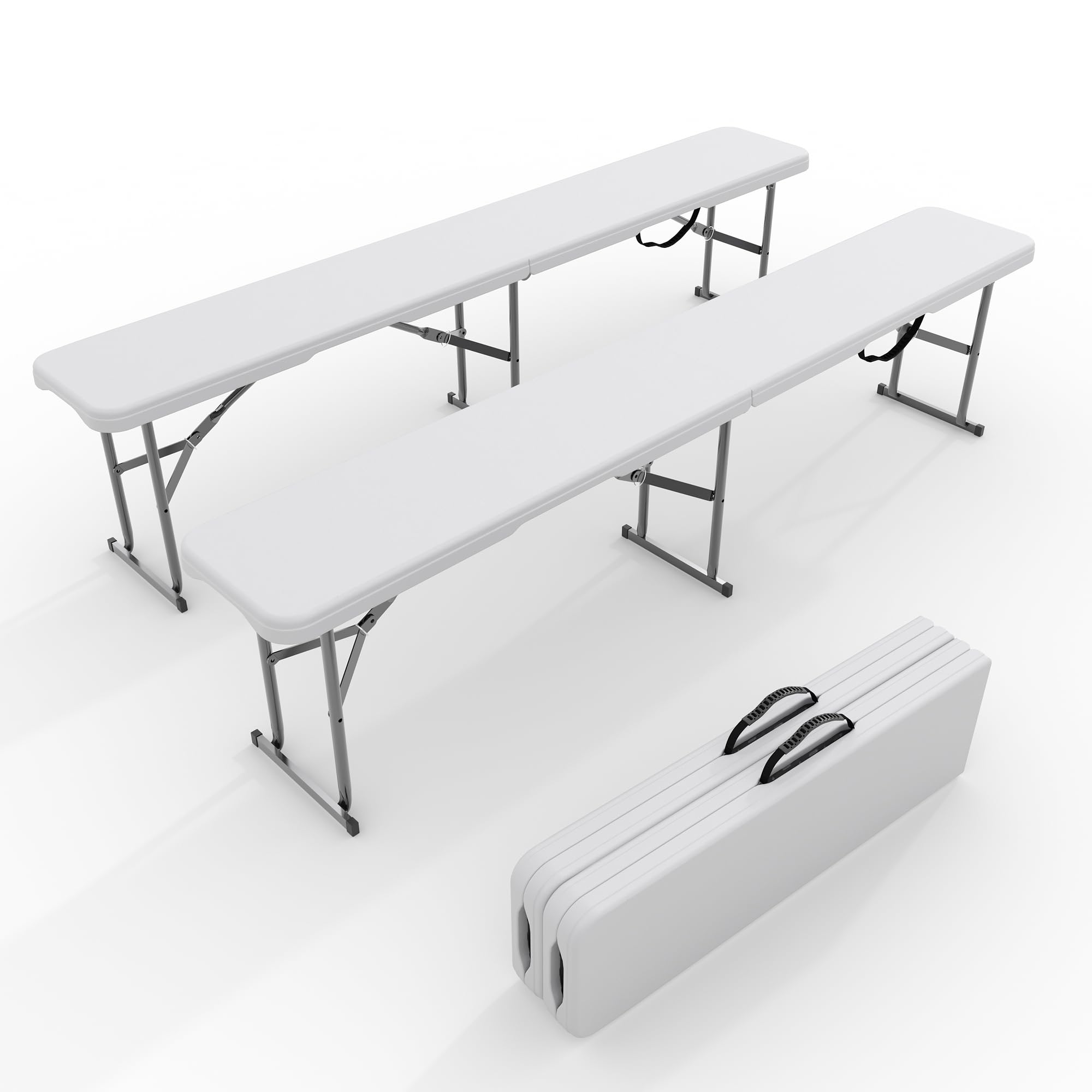 Outdoor Furniture Diy - 2パック6フィート折りたたみ式屋外ベンチ - HDPEプラスチックシート、頑丈なスチールフレーム - 耐候性、折りたたみ式ポータブルシート、キャリーハンドル付き -