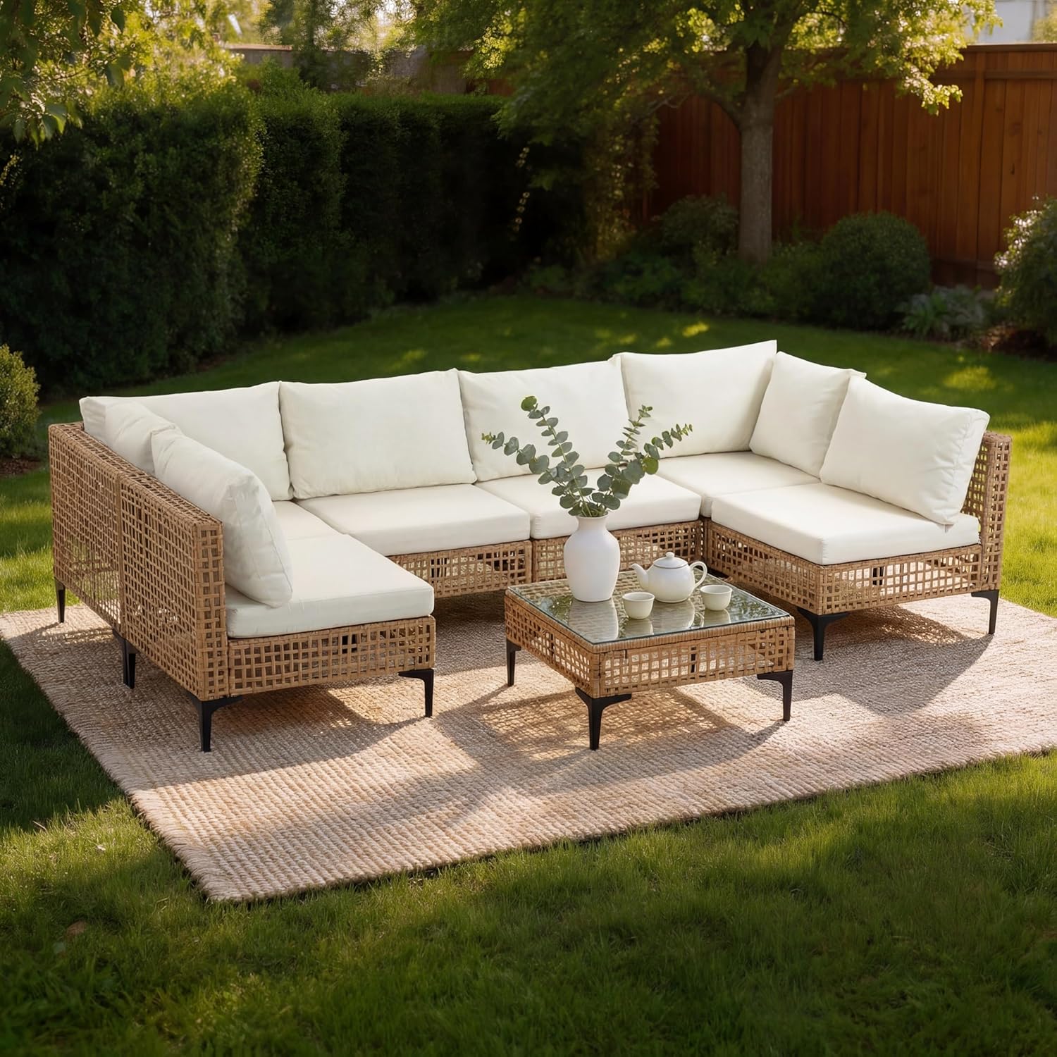 7点セット 屋外パティオ家具 全天候型ウィッカーラタン製セク - Outdoor Furniture Luxury のレビューと価格