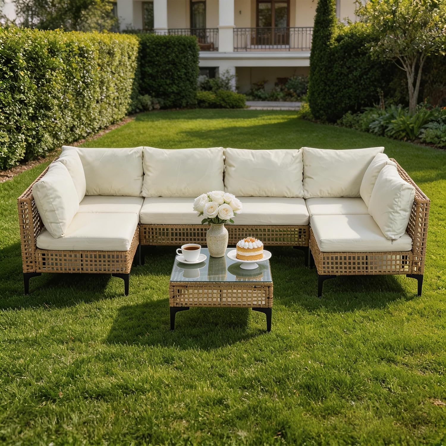 7点セット 屋外パティオ家具 全天候型ウィッカーラタン製セク - Outdoor Furniture Luxury のレビューと価格