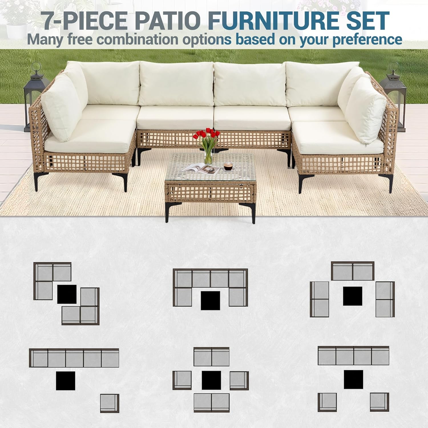 7点セット 屋外パティオ家具 全天候型ウィッカーラタン製セク - Outdoor Furniture Luxury のレビューと価格